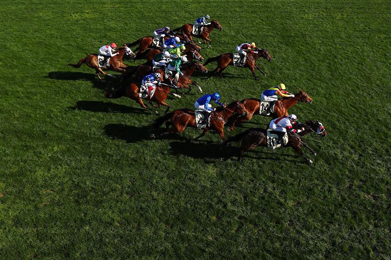 MELBOURNE, AUSTRALIA - NOVEMBER 01: A general view as Carleen Hefel rides New York Lustre to win race nine the Kirin Ichiban Sprint during 2025 Derby Day at Flemington Racecourse on November 01, 2025 in Melbourne, Australia. (Photo by Morgan Hancock/Getty Images)