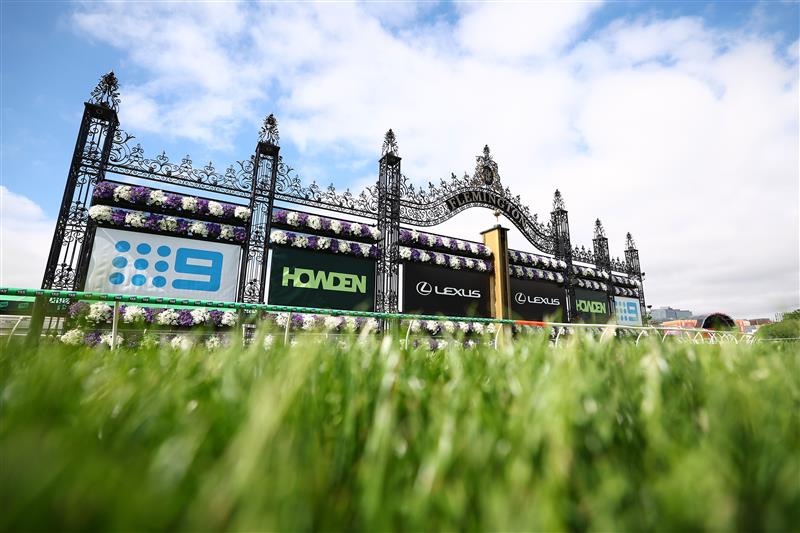 MELBOURNE, AUSTRALIA - NOVEMBER 01: A general view of the finishing post during Melbourne Racing at Flemington Racecourse on November 01, 2025 in Melbourne, Australia. (Photo by Morgan Hancock/Getty Images)