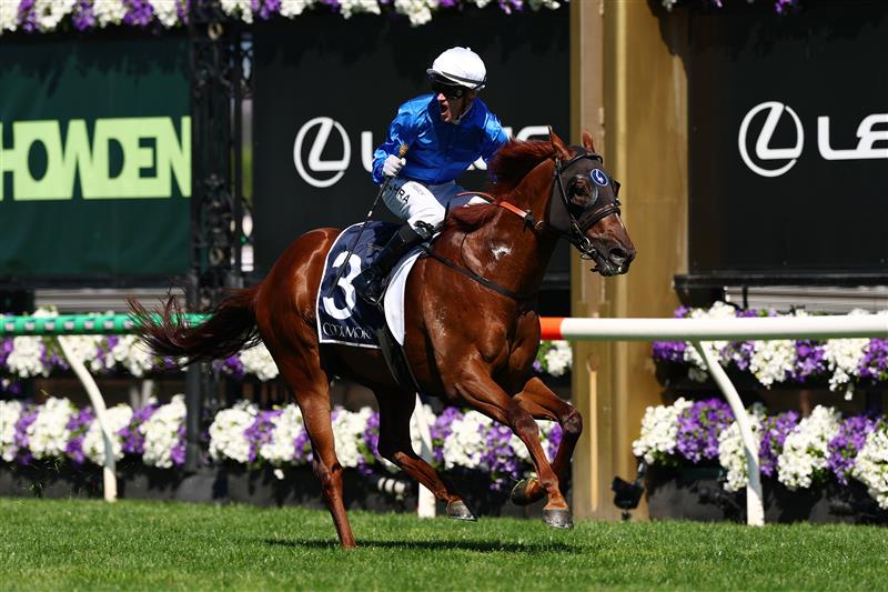 MELBOURNE, AUSTRALIA - NOVEMBER 01: Mark Zahra rides Tentyris to win race six the Coolmore Stud Stakes during Melbourne Racing at Flemington Racecourse on November 01, 2025 in Melbourne, Australia. (Photo by Morgan Hancock/Getty Images)