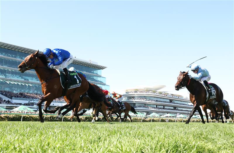 MELBOURNE, AUSTRALIA - NOVEMBER 01: Mark Zahra rides #1 Observer to win race seven the Howden Victoria Derby during Melbourne Racing at Flemington Racecourse on November 01, 2025 in Melbourne, Australia. (Photo by Robert Cianflone/Getty Images)