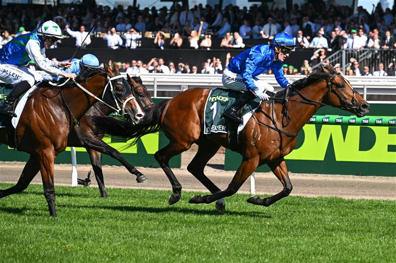 MELBOURNE, AUSTRALIA - NOVEMBER 01: Mark Zahra riding  Observer winning Race 7, the Howden Victoria Derby during 2025 Derby Day at Flemington Racecourse on November 01, 2025 in Melbourne, Australia. (Photo by Vince Caligiuri/Getty Images)