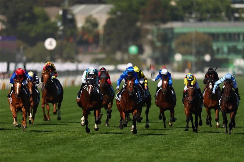 MELBOURNE, AUSTRALIA - NOVEMBER 01: Mark Zahra riding Observer wins Race 7 the Howden Victoria Derby during Melbourne Racing at Flemington Racecourse on November 01, 2025 in Melbourne, Australia. (Photo by Morgan Hancock/Getty Images)