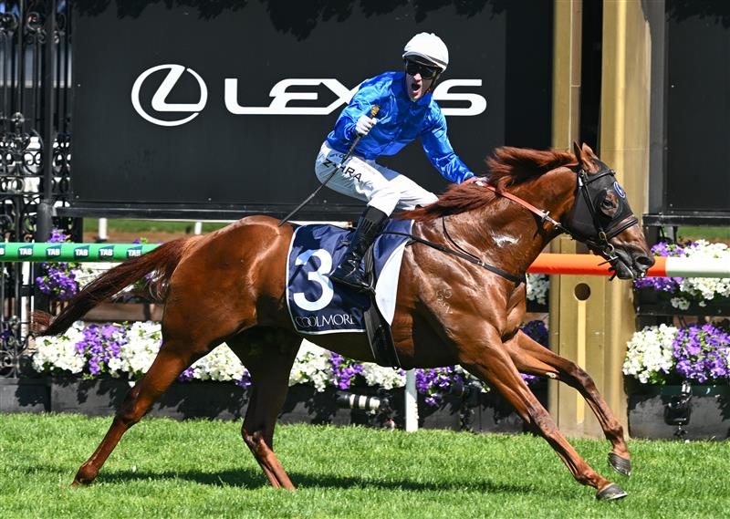 MELBOURNE, AUSTRALIA - NOVEMBER 01: Mark Zahra riding Tentyris winning Race 6, the Coolmore Stud Stakes during 2025 Derby Day at Flemington Racecourse on November 01, 2025 in Melbourne, Australia. (Photo by Vince Caligiuri/Getty Images)