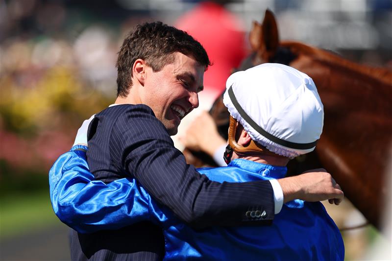 MELBOURNE, AUSTRALIA - NOVEMBER 01: Trainer Sam Freedman celebrates Mark Zahra riding Tentyris to win race six the Coolmore Stud Stakes during Melbourne Racing at Flemington Racecourse on November 01, 2025 in Melbourne, Australia. (Photo by Morgan Hancock/Getty Images)