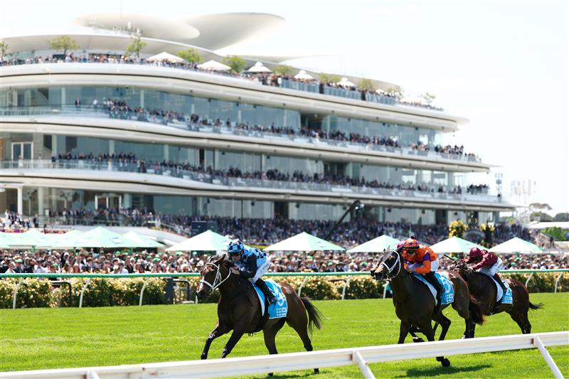 MELBOURNE, AUSTRALIA - NOVEMBER 01: Tommy Berry riding Panova wins Race 1 the Channel 9 Carbine Club Stakes during Melbourne Racing at Flemington Racecourse on November 01, 2025 in Melbourne, Australia. (Photo by Morgan Hancock/Getty Images)