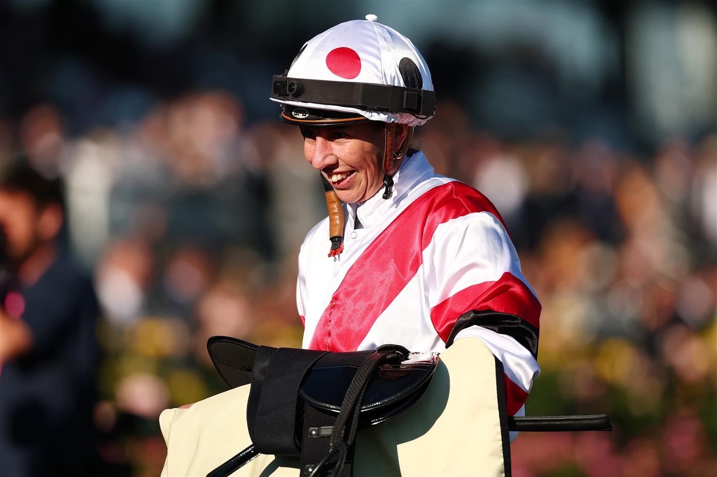 MELBOURNE, AUSTRALIA - NOVEMBER 01: Carleen Hefel celebrates riding New York Lustre to win race nine the Kirin Ichiban Sprint during 2025 Derby Day at Flemington Racecourse on November 01, 2025 in Melbourne, Australia. (Photo by Morgan Hancock/Getty Images)