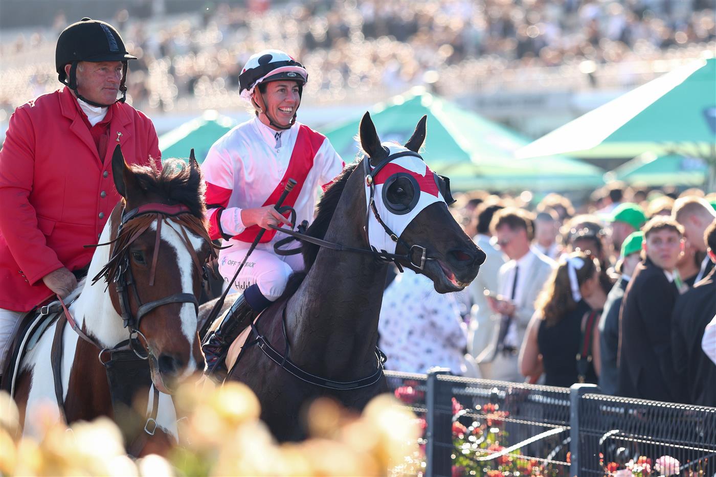 MELBOURNE, AUSTRALIA - NOVEMBER 01: Carleen Hefel celebrates riding New York Lustre returns to scale after winning race nine the Kirin Ichiban Sprint during Melbourne Racing at Flemington Racecourse on November 01, 2025 in Melbourne, Australia. (Photo by Daniel Pockett/Getty Images)