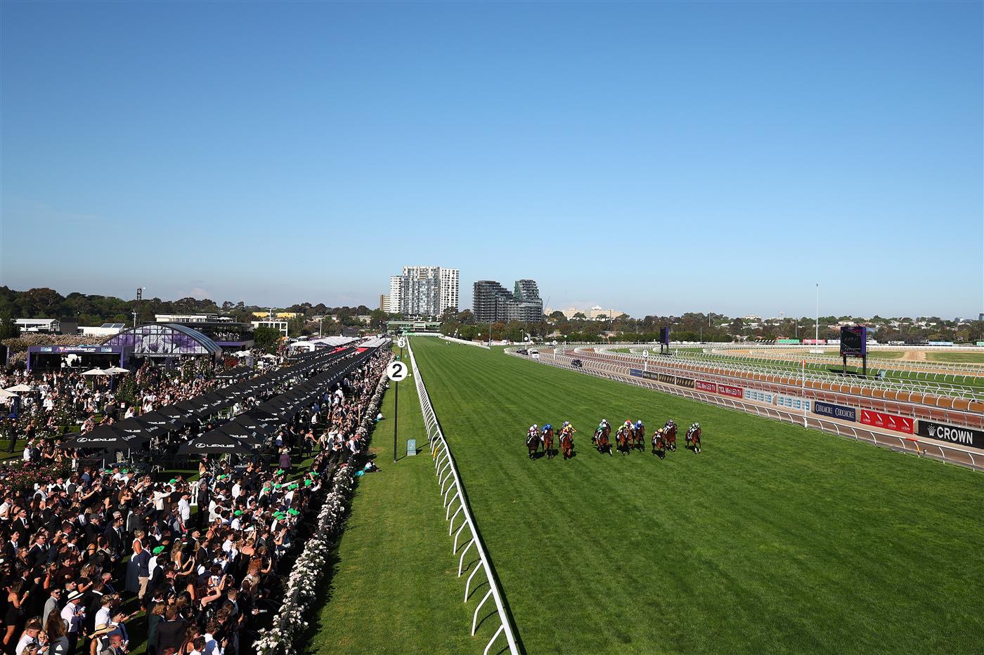 MELBOURNE, AUSTRALIA - NOVEMBER 01: A general view as Carleen Hefel rides New York Lustre to win race nine the Kirin Ichiban Sprint during 2025 Derby Day at Flemington Racecourse on November 01, 2025 in Melbourne, Australia. (Photo by Morgan Hancock/Getty Images)