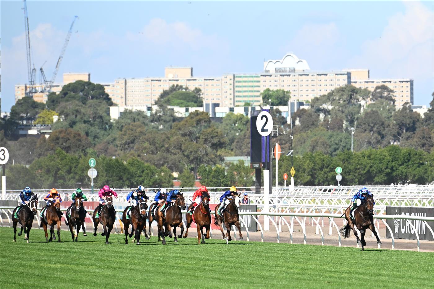 MELBOURNE, AUSTRALIA - NOVEMBER 01: Declan Bates riding Pride of Jenni winning Race 8, the Tab Empire Rose Stakes during 2025 Derby Day at Flemington Racecourse on November 01, 2025 in Melbourne, Australia. (Photo by Vince Caligiuri/Getty Images)