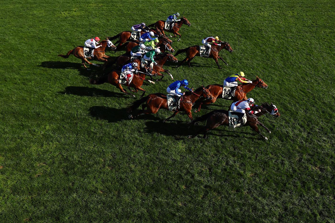 MELBOURNE, AUSTRALIA - NOVEMBER 01: A general view as Carleen Hefel rides New York Lustre to win race nine the Kirin Ichiban Sprint during 2025 Derby Day at Flemington Racecourse on November 01, 2025 in Melbourne, Australia. (Photo by Morgan Hancock/Getty Images)