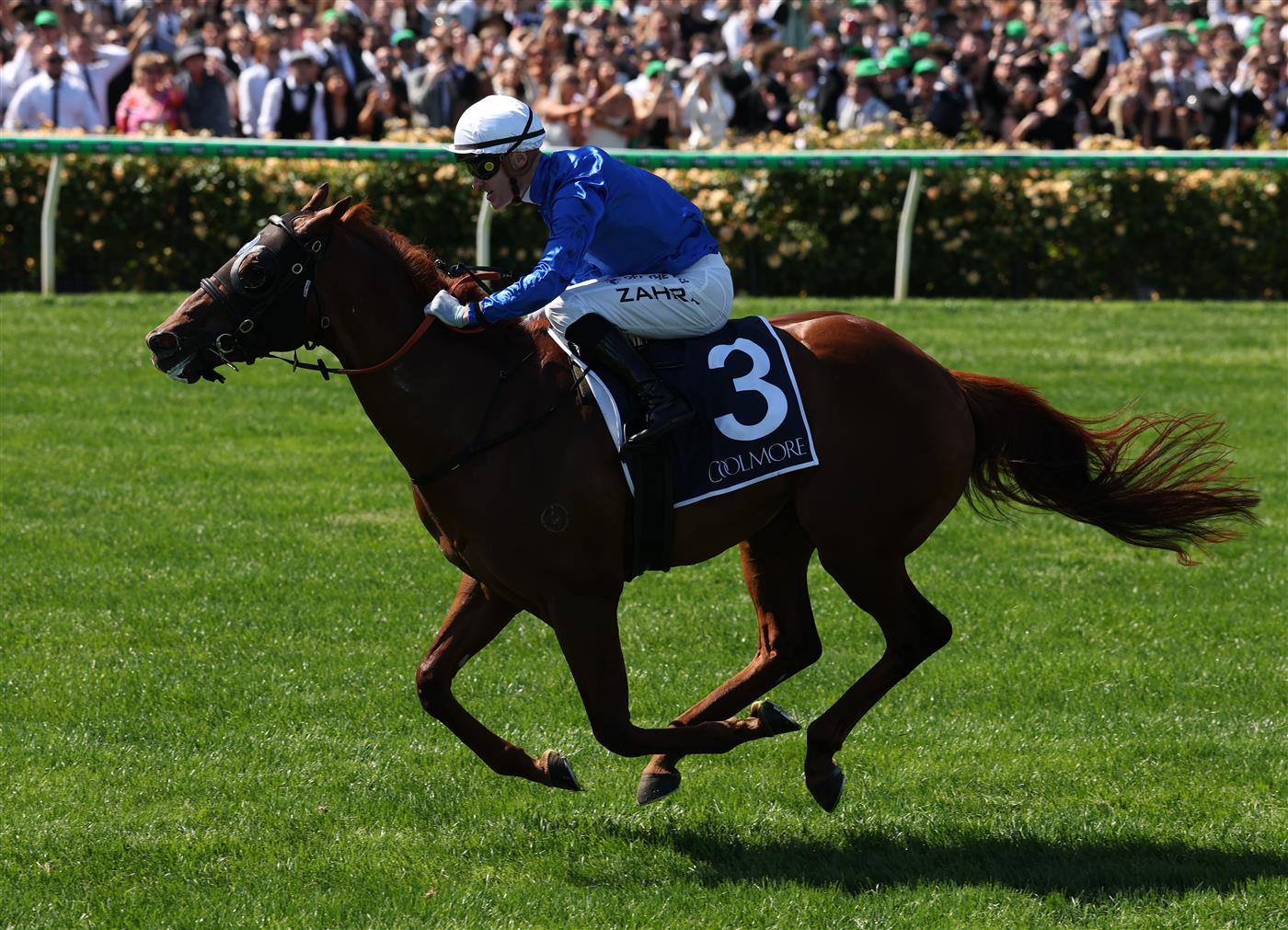 MELBOURNE, AUSTRALIA - NOVEMBER 01: Mark Zahra rides #3 Tentyris to win race six the Coolmore Stud Stakes during Melbourne Racing at Flemington Racecourse on November 01, 2025 in Melbourne, Australia. (Photo by Robert Cianflone/Getty Images)