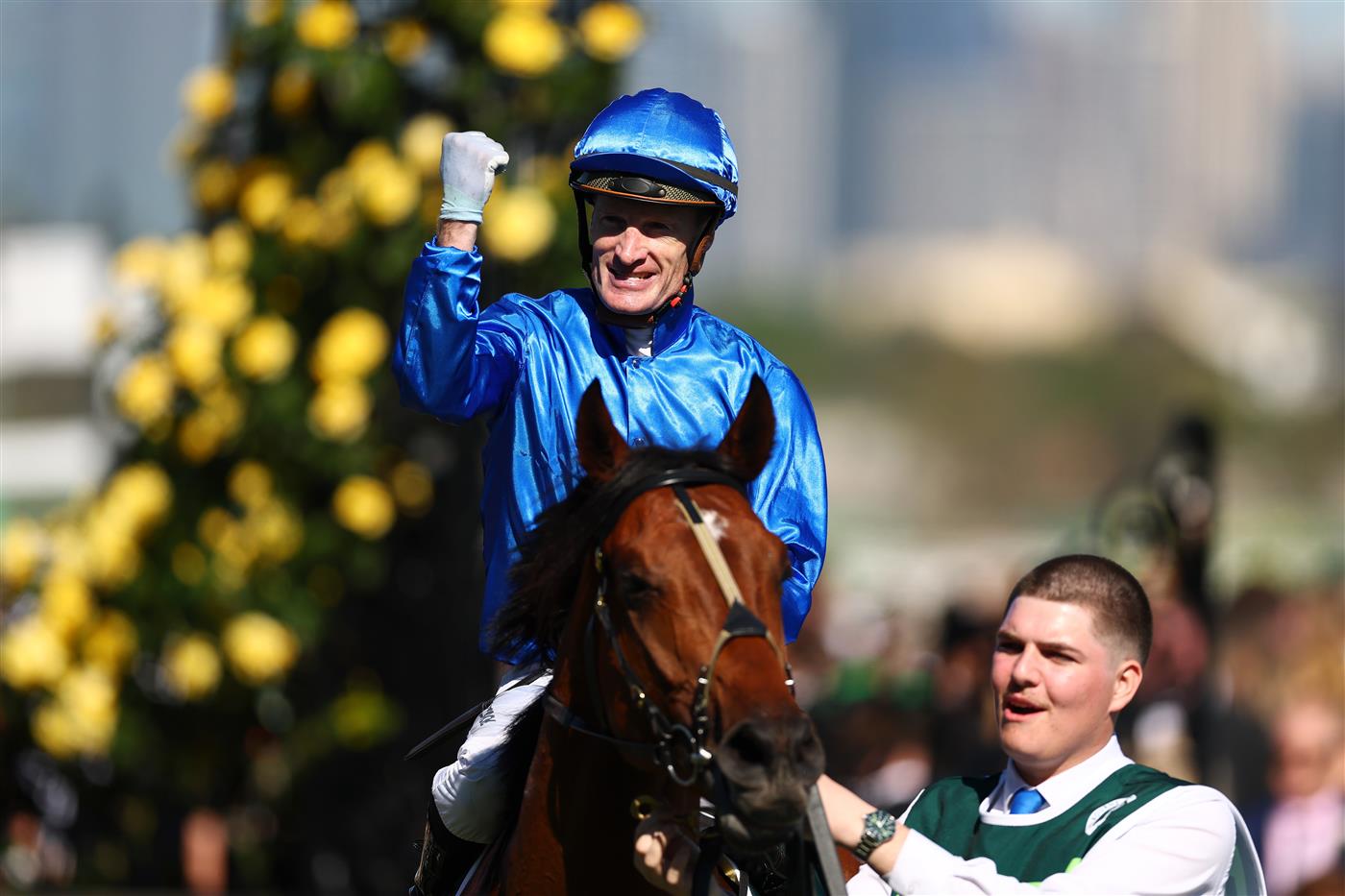 MELBOURNE, AUSTRALIA - NOVEMBER 01: Mark Zahra returns to scale after riding Observer to win race seven the Howden Victoria Derby during Melbourne Racing at Flemington Racecourse on November 01, 2025 in Melbourne, Australia. (Photo by Daniel Pockett/Getty Images)