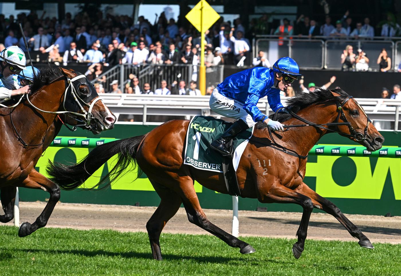 MELBOURNE, AUSTRALIA - NOVEMBER 01: Mark Zahra riding  Observer winning Race 7, the Howden Victoria Derby during 2025 Derby Day at Flemington Racecourse on November 01, 2025 in Melbourne, Australia. (Photo by Vince Caligiuri/Getty Images)