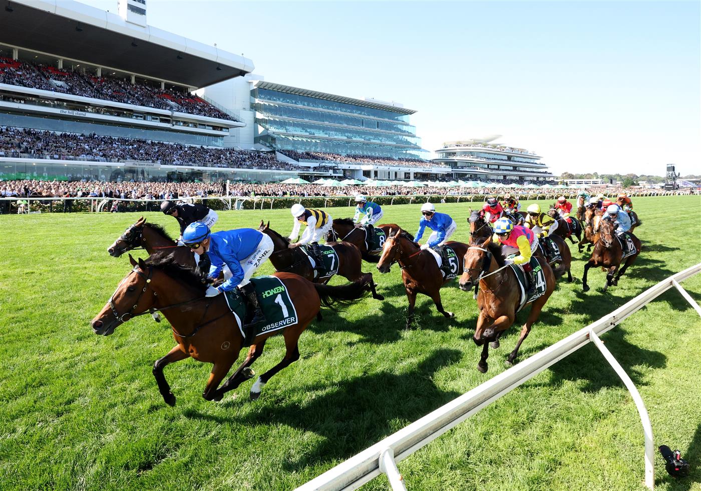 MELBOURNE, AUSTRALIA - NOVEMBER 01: Mark Zahra rides #1 Observer past the post on the way to winning race seven the Howden Victoria Derby during Melbourne Racing at Flemington Racecourse on November 01, 2025 in Melbourne, Australia. (Photo by Robert Cianflone/Getty Images)