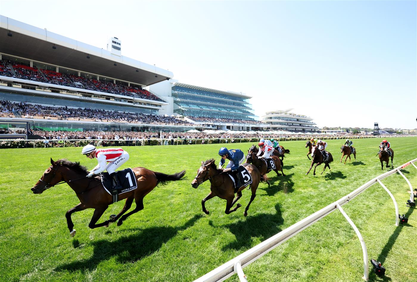 MELBOURNE, AUSTRALIA - NOVEMBER 01: Mark Zahra rides #1 Getta Good Feeling to win race four the Hkjc World Pool Wakeful Stakes during Melbourne Racing at Flemington Racecourse on November 01, 2025 in Melbourne, Australia. (Photo by Robert Cianflone/Getty Images)