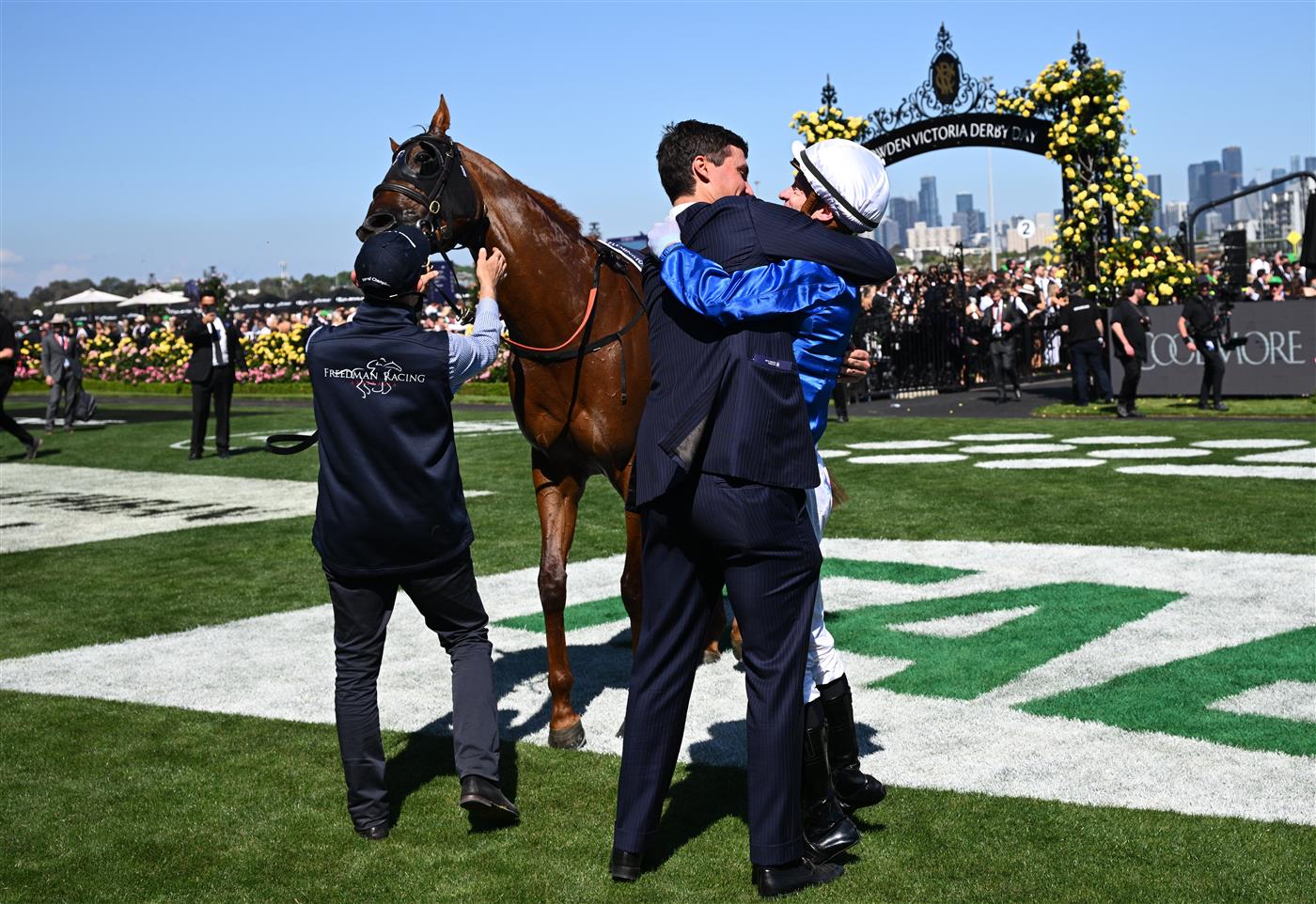 MELBOURNE, AUSTRALIA - NOVEMBER 01: Mark Zahra riding Tentyris is congratulated by Trainer Sam Freedman after winning Race 6, the Coolmore Stud Stakes during 2025 Derby Day at Flemington Racecourse on November 01, 2025 in Melbourne, Australia. (Photo by Vince Caligiuri/Getty Images)