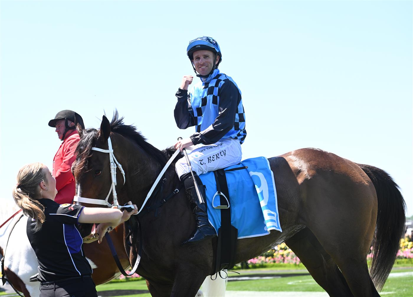 MELBOURNE, AUSTRALIA - NOVEMBER 01: Tommy Berry riding Panova after winning Race 1, the Channel 9 Carbine Club Stakes during 2025 Derby Day at Flemington Racecourse on November 01, 2025 in Melbourne, Australia. (Photo by Vince Caligiuri/Getty Images)