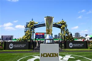 MELBOURNE, AUSTRALIA - NOVEMBER 01: The Howden Victoria Derby trophy is seen during 2025 Derby Day at Flemington Racecourse on November 01, 2025 in Melbourne, Australia. (Photo by Vince Caligiuri/Getty Images)