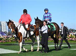 MELBOURNE, AUSTRALIA - NOVEMBER 01: Declan Bates riding Pride of Jenni after winning Race 8, the Tab Empire Rose Stakes during 2025 Derby Day at Flemington Racecourse on November 01, 2025 in Melbourne, Australia. (Photo by Vince Caligiuri/Getty Images)