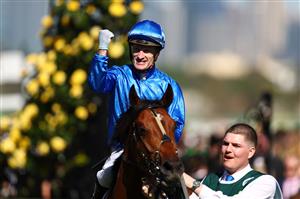 MELBOURNE, AUSTRALIA - NOVEMBER 01: Mark Zahra returns to scale after riding Observer to win race seven the Howden Victoria Derby during Melbourne Racing at Flemington Racecourse on November 01, 2025 in Melbourne, Australia. (Photo by Daniel Pockett/Getty Images)