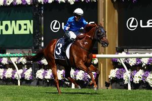 MELBOURNE, AUSTRALIA - NOVEMBER 01: Mark Zahra rides Tentyris to win race six the Coolmore Stud Stakes during Melbourne Racing at Flemington Racecourse on November 01, 2025 in Melbourne, Australia. (Photo by Morgan Hancock/Getty Images)