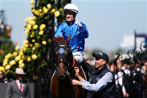 MELBOURNE, AUSTRALIA - NOVEMBER 01: Mark Zahra celebrates riding Tentyris to win race six the Coolmore Stud Stakes during Melbourne Racing at Flemington Racecourse on November 01, 2025 in Melbourne, Australia. (Photo by Morgan Hancock/Getty Images)