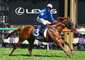 MELBOURNE, AUSTRALIA - NOVEMBER 01: Mark Zahra riding Tentyris winning Race 6, the Coolmore Stud Stakes during 2025 Derby Day at Flemington Racecourse on November 01, 2025 in Melbourne, Australia. (Photo by Vince Caligiuri/Getty Images)