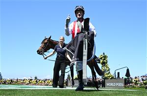 MELBOURNE, AUSTRALIA - NOVEMBER 01: Mark Zahra riding Getta Good Feeling winning Race 4, the Hkjc World Pool Wakeful Stakes during 2025 Derby Day at Flemington Racecourse on November 01, 2025 in Melbourne, Australia. (Photo by Vince Caligiuri/Getty Images)