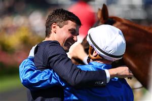 MELBOURNE, AUSTRALIA - NOVEMBER 01: Trainer Sam Freedman celebrates Mark Zahra riding Tentyris to win race six the Coolmore Stud Stakes during Melbourne Racing at Flemington Racecourse on November 01, 2025 in Melbourne, Australia. (Photo by Morgan Hancock/Getty Images)