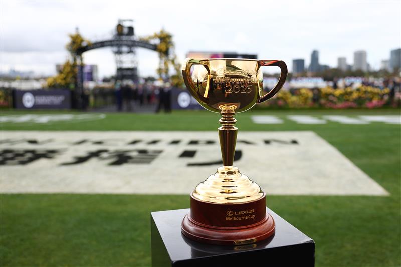 MELBOURNE, AUSTRALIA - NOVEMBER 04: A general view of the Melbourne Cup Trophy during Melbourne Cup Day at Flemington Racecourse on November 04, 2025 in Melbourne, Australia. (Photo by Morgan Hancock/Getty Images)