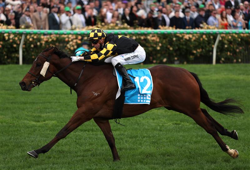 MELBOURNE, AUSTRALIA - NOVEMBER 04: Harry Coffey Rides Persian Spirit to win race ten the Channel 9 Trophyduring Melbourne Cup Day at Flemington Racecourse on November 04, 2025 in Melbourne, Australia. (Photo by Robert Cianflone/Getty Images)