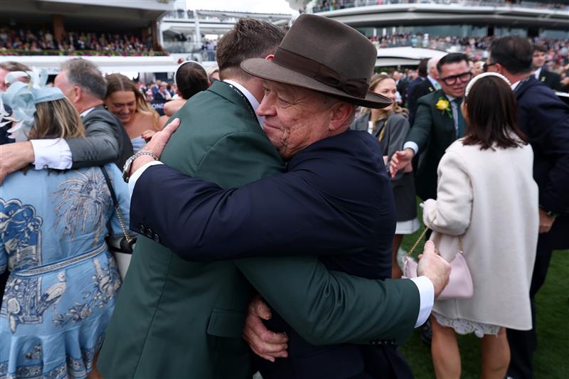 MELBOURNE, AUSTRALIA - NOVEMBER 04: Trainer Tony McEvoy celebrates after winning Race 7, the Lexus Melbourne Cup during Melbourne Racing at Flemington Racecourse on November 04, 2025 in Melbourne, Australia. (Photo by Josh Chadwick/Getty Images)