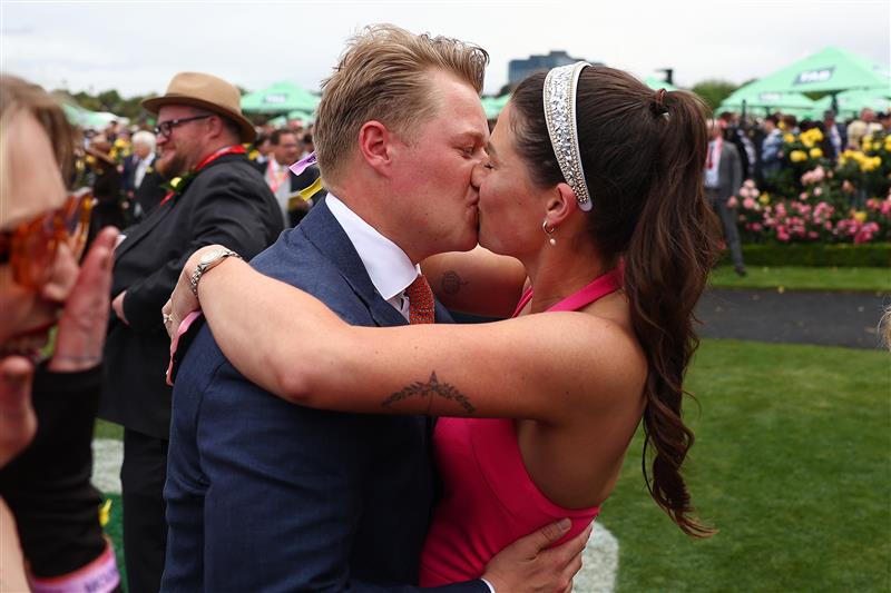MELBOURNE, AUSTRALIA - NOVEMBER 04: Calvin McEvoy celebrates after Half Yours won race seven the Lexus Melbourne Cup during Melbourne Cup Day at Flemington Racecourse on November 04, 2025 in Melbourne, Australia. (Photo by Morgan Hancock/Getty Images)