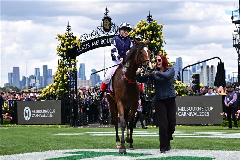 MELBOURNE, AUSTRALIA - NOVEMBER 04: Craig Williams riding Litzdeel after winning Race 5, the Australian Heritage Cup during Melbourne Cup Day at Flemington Racecourse on November 04, 2025 in Melbourne, Australia. (Photo by Vince Caligiuri/Getty Images)