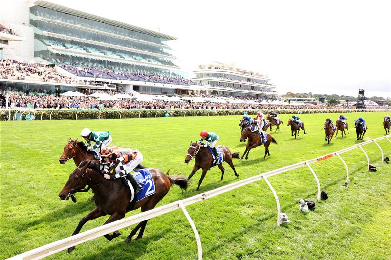 MELBOURNE, AUSTRALIA - NOVEMBER 04: Ethan Brown rides #2 Tornado Valley to win race one the Darley Maribyrnong Plate during Melbourne Cup Day at Flemington Racecourse on November 04, 2025 in Melbourne, Australia. (Photo by Robert Cianflone/Getty Images)