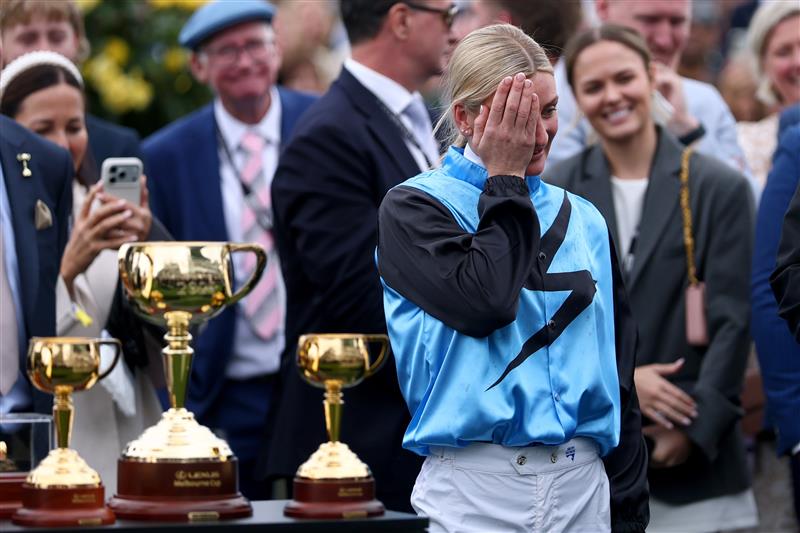 MELBOURNE, AUSTRALIA - NOVEMBER 04: Jamie Melham reacts after riding Half Yours to win race seven the Lexus Melbourne Cup during Melbourne Cup Day at Flemington Racecourse on November 04, 2025 in Melbourne, Australia. (Photo by Josh Chadwick/Getty Images)