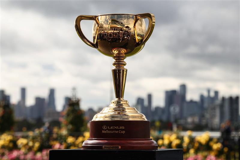 MELBOURNE, AUSTRALIA - NOVEMBER 04: The 2025 Lexus Melbourne Cup is seen during Melbourne Cup Day at Flemington Racecourse on November 04, 2025 in Melbourne, Australia. (Photo by Daniel Pockett/Getty Images)