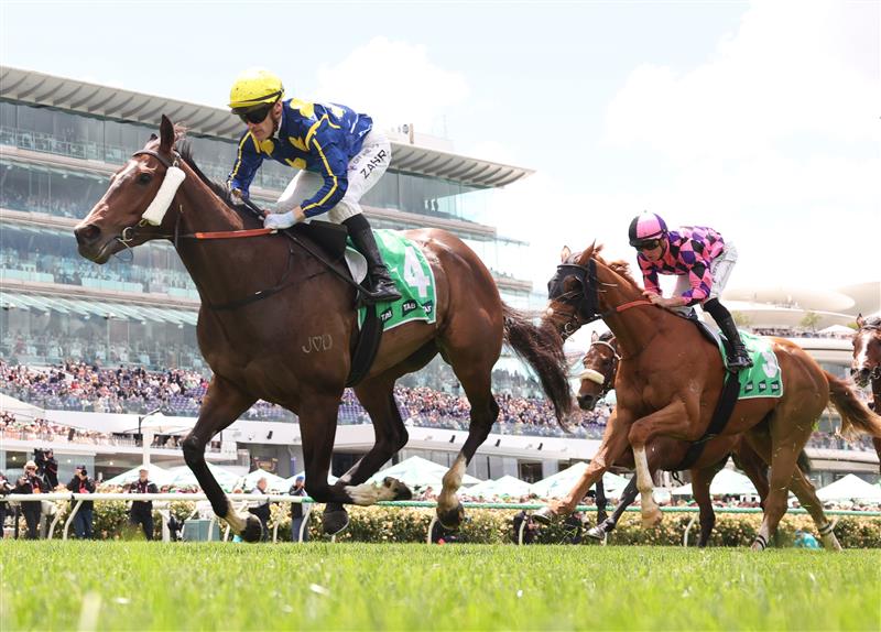MELBOURNE, AUSTRALIA - NOVEMBER 04: Mark Zahra rides #4 Different Gravy to win race three the Tab Trophyduring Melbourne Cup Day at Flemington Racecourse on November 04, 2025 in Melbourne, Australia. (Photo by Robert Cianflone/Getty Images)