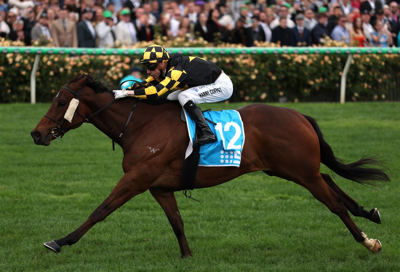 MELBOURNE, AUSTRALIA - NOVEMBER 04: Harry Coffey Rides Persian Spirit to win race ten the Channel 9 Trophyduring Melbourne Cup Day at Flemington Racecourse on November 04, 2025 in Melbourne, Australia. (Photo by Robert Cianflone/Getty Images)