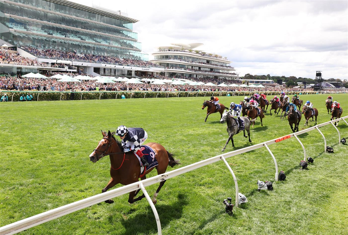 MELBOURNE, AUSTRALIA - NOVEMBER 04: Craig Williams rides #9 Litzdeel to win race five the Australian Heritage Cup during Melbourne Cup Day at Flemington Racecourse on November 04, 2025 in Melbourne, Australia. (Photo by Robert Cianflone/Getty Images)