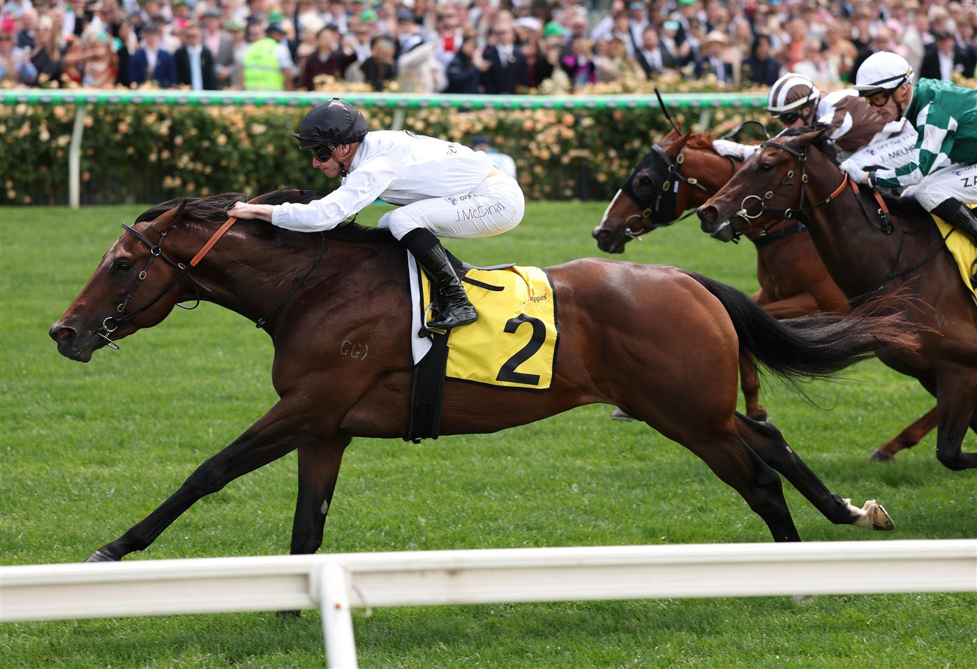 MELBOURNE, AUSTRALIA - NOVEMBER 04: James McDonald rides #2 Pallaton to win race four The Schweppervescence Plate during Melbourne Cup Day at Flemington Racecourse on November 04, 2025 in Melbourne, Australia. (Photo by Robert Cianflone/Getty Images)