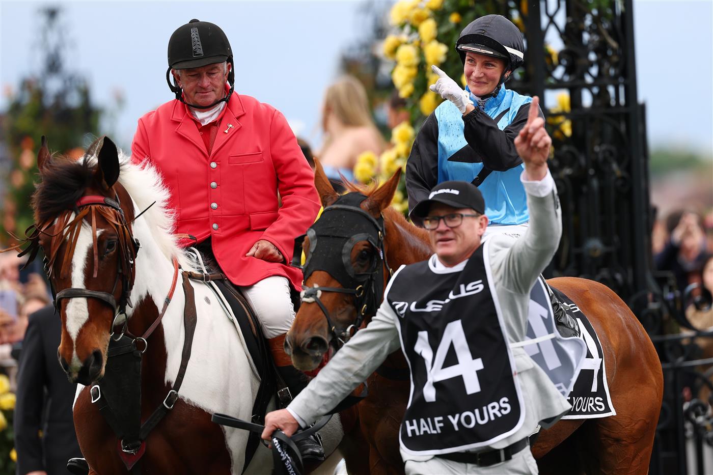 MELBOURNE, AUSTRALIA - NOVEMBER 04: Jamie Melham celebrates after Half Yours won race seven the Lexus Melbourne Cup during Melbourne Cup Day at Flemington Racecourse on November 04, 2025 in Melbourne, Australia. (Photo by Morgan Hancock/Getty Images)