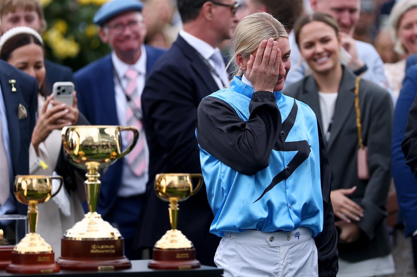 MELBOURNE, AUSTRALIA - NOVEMBER 04: Jamie Melham reacts after riding Half Yours to win race seven the Lexus Melbourne Cup during Melbourne Cup Day at Flemington Racecourse on November 04, 2025 in Melbourne, Australia. (Photo by Josh Chadwick/Getty Images)
