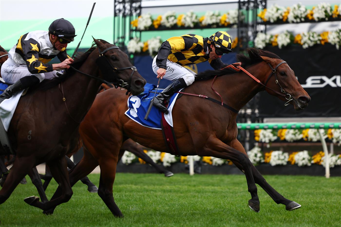 MELBOURNE, AUSTRALIA - NOVEMBER 04: Kerrin McEvoy rides Dance To The Boom to win race nine The Hong Kong Jockey Club Stakes during Melbourne Cup Day at Flemington Racecourse on November 04, 2025 in Melbourne, Australia. (Photo by Morgan Hancock/Getty Images)