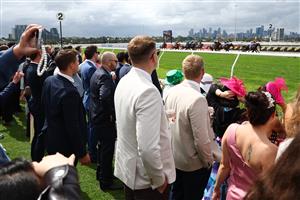 MELBOURNE, AUSTRALIA - NOVEMBER 04: A general view of Ethan Brown riding Tornado Valley to win race one the Darley Maribyrnong Plate during Melbourne Cup Day at Flemington Racecourse on November 04, 2025 in Melbourne, Australia. (Photo by Morgan Hancock/Getty Images)