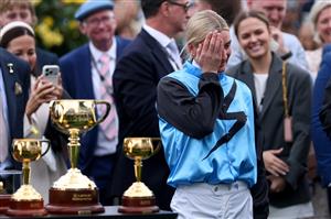 MELBOURNE, AUSTRALIA - NOVEMBER 04: Jamie Melham reacts after riding Half Yours to win race seven the Lexus Melbourne Cup during Melbourne Cup Day at Flemington Racecourse on November 04, 2025 in Melbourne, Australia. (Photo by Josh Chadwick/Getty Images)