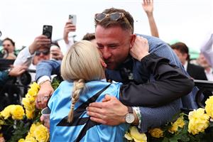 MELBOURNE, AUSTRALIA - NOVEMBER 04: Jamie Melham celebrates after Half Yours won race seven the Lexus Melbourne Cup during Melbourne Cup Day at Flemington Racecourse on November 04, 2025 in Melbourne, Australia. (Photo by Morgan Hancock/Getty Images)