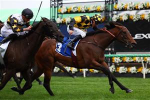 MELBOURNE, AUSTRALIA - NOVEMBER 04: Kerrin McEvoy rides Dance To The Boom to win race nine The Hong Kong Jockey Club Stakes during Melbourne Cup Day at Flemington Racecourse on November 04, 2025 in Melbourne, Australia. (Photo by Morgan Hancock/Getty Images)