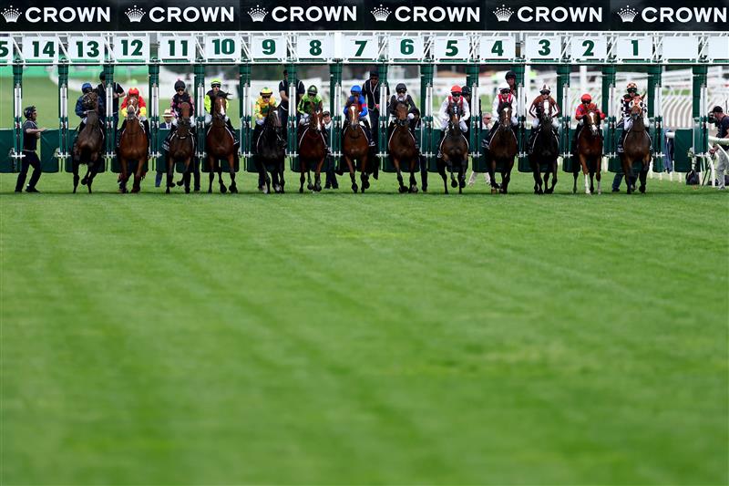 MELBOURNE, AUSTRALIA - NOVEMBER 06: The field come out of the barriers for race eight the Crown Oaks during Oaks Day at Flemington Racecourse on November 06, 2025 in Melbourne, Australia. (Photo by Josh Chadwick/Getty Images)