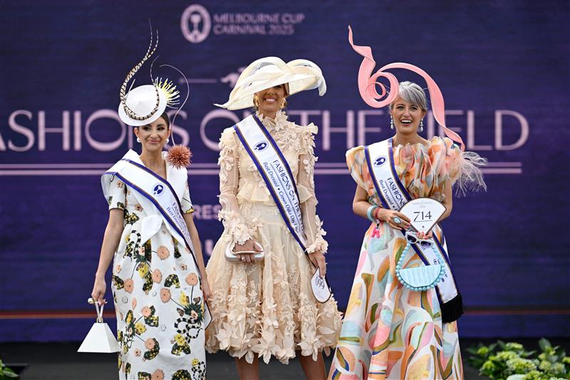 MELBOURNE, AUSTRALIA - NOVEMBER 06: Winner Stacie Galeano attends Fashions on the Field during 2025 Oaks Day at Flemington Racecourse on November 06, 2025 in Melbourne, Australia. (Photo by Wendell Teodoro/Getty Images)